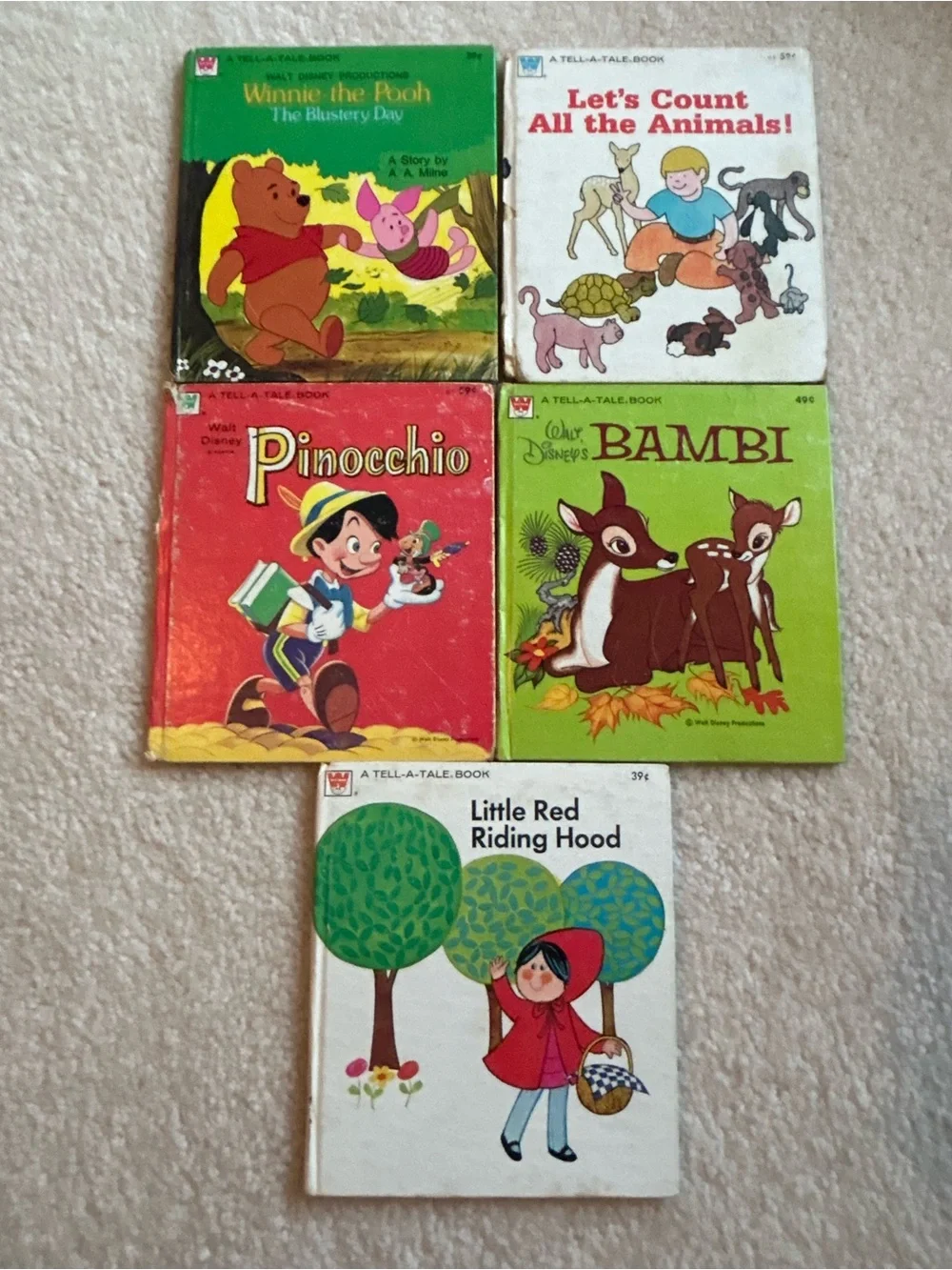Vintage Bundle of 5 Whitman A Tell-A-Tale Book Bambi, Pooh, Pinocchio & More